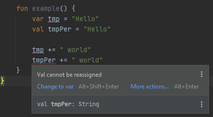 Computer code instructions demonstrating var and val in Kotlin