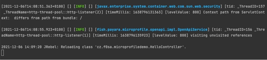 Image of code showing message from the JRebel agent that a specific class was reloaded
