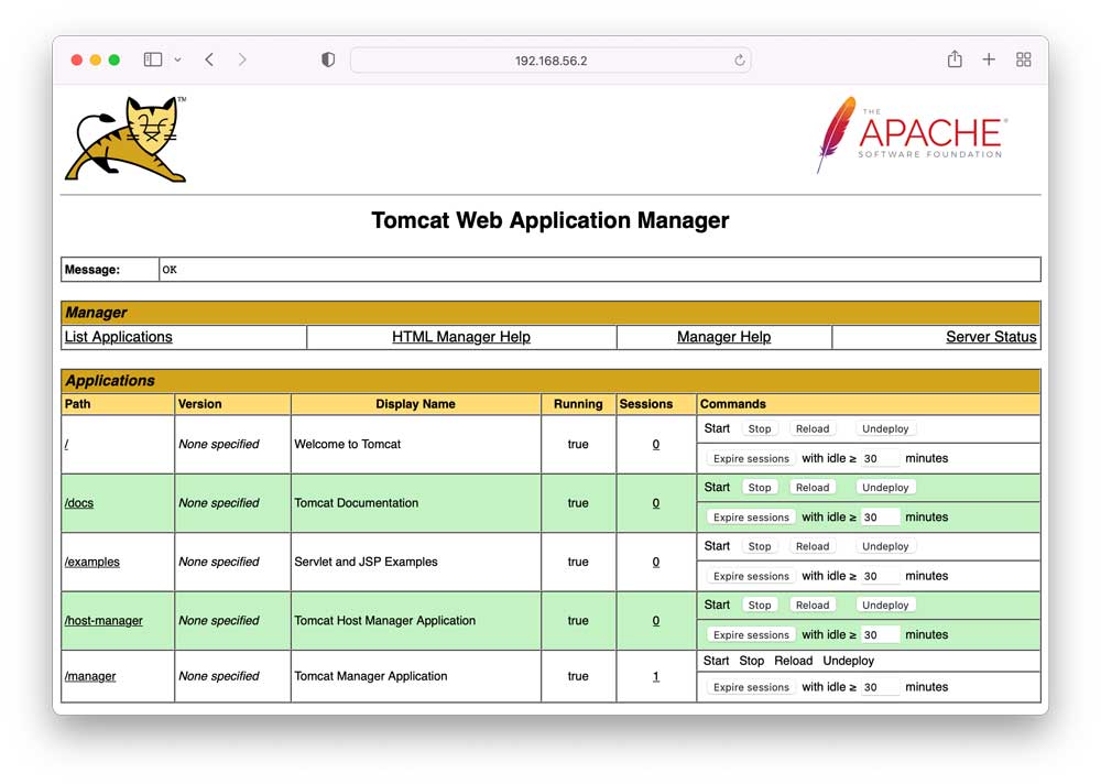 image showing tomcat web application manager menu