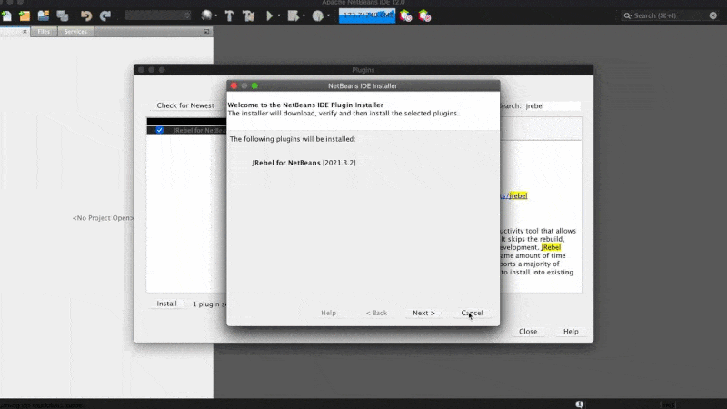 animated gif showing jrebel for netbeans installation