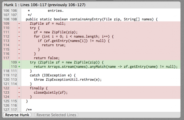 Stream.containsAny works very well for determining if a zip file has entries by given names.