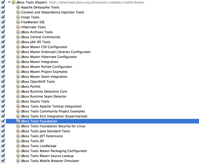 screenshot of JBoss tools folder contents