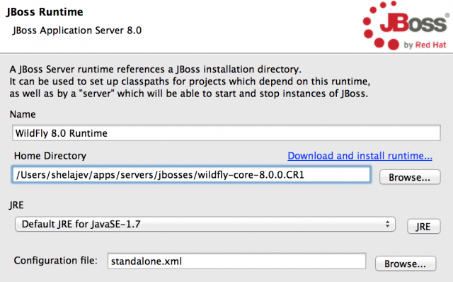screenshot of JBoss runtime configuration window