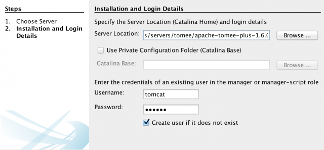 screenshot of migrating from glassfish to netbeans + tomee installation server location selection