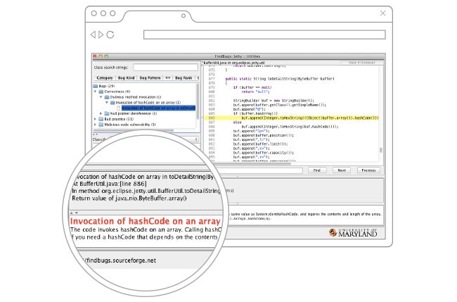 screenshot of static code analysis FindBugs tool