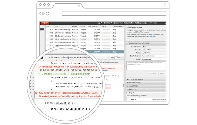 screenshot of static code analysis coverity tool web-based UI