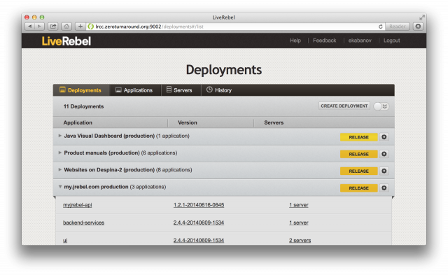 screenshot of LiveRebel deployments in 2013