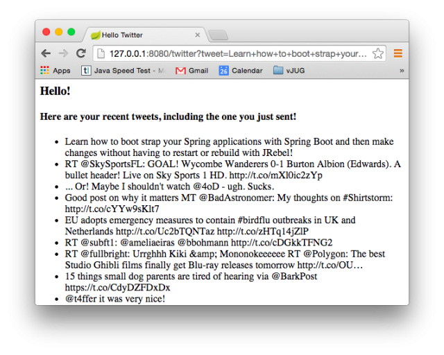 screenshot of spring app showing list of tweets with recent tweet at top