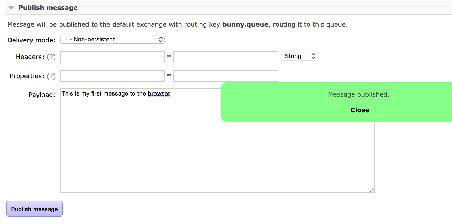 screenshot of RabbitMQ management console queues tab/publish messages control screen